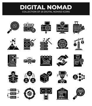 Digital Nomad Icons. Ultimate Guide to Remote Work and Travel Stock Illustration