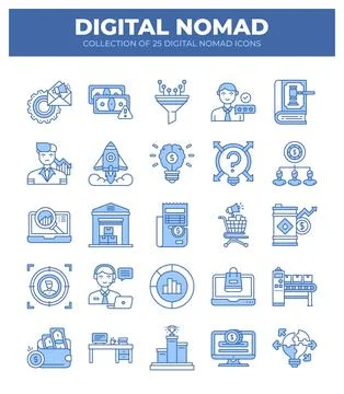 Digital Nomad Icons. Ultimate Guide to Remote Work and Online Business Stockillustratie