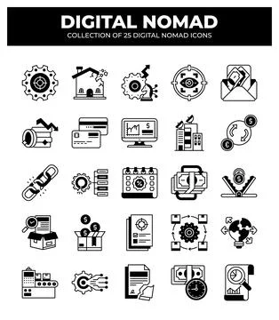 Digital Nomad Icons. Ultimate Guide to Remote Work and Location Independent.. Stockillustratie
