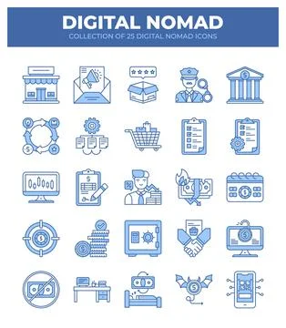 Digital Nomad Icons. Ultimate Guide to Remote Work. Freelancing. and Online.. Stock Illustration