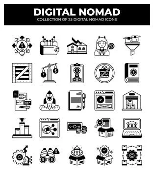 Digital Nomad Icons. Ultimate Guide to Remote Work and Online Business Stock Illustration