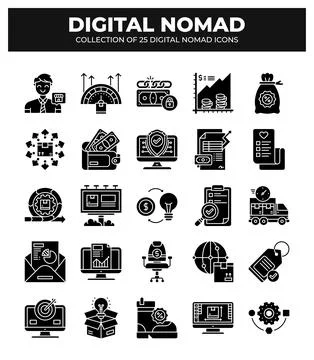 Digital Nomad Icons. Ultimate Guide to Remote Work and Online Business Stock Illustration