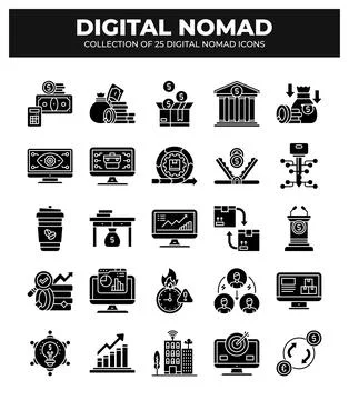 Digital Nomad Icons. Ultimate Guide to Remote Work. Finance. and Business Stockillustratie