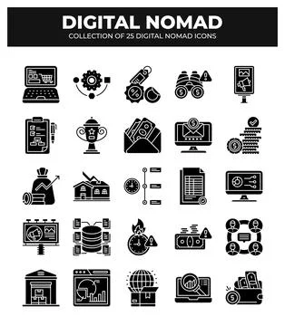 Digital Nomad Icons. Ultimate Guide to Remote Work and Online Business Stock Illustration