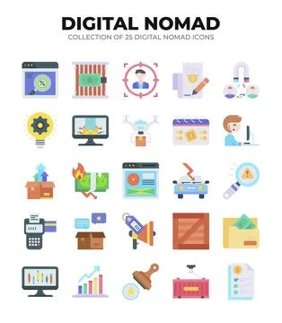 Digital Nomad Icons. Ultimate Guide to Remote Work and Online Business Stock Illustration