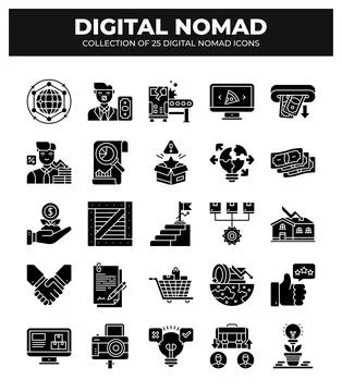 Digital Nomad Icons. Ultimate Guide to Remote Work and Online Business Stockillustratie