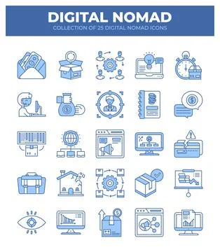 Digital Nomad Icons. Ultimate Guide to Remote Work and Online Business Stockillustratie