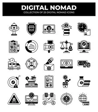 Digital Nomad Icons. Ultimate Guide to Remote Work Stock Illustration