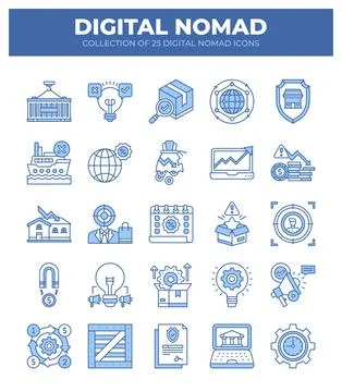 Digital Nomad Icons. Ultimate Guide to Remote Work and Online Business Stockillustratie