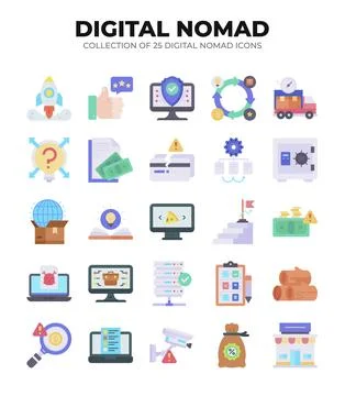 Digital Nomad Icons. Ultimate Guide to Remote Work and Online Business Stockillustratie