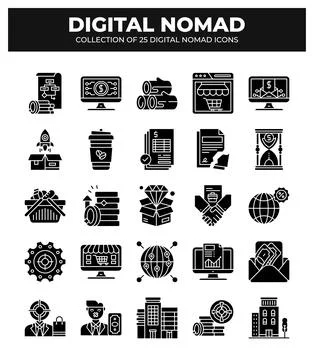 Digital Nomad Icons. Ultimate Guide to Remote Work and Location Independent.. Stockillustratie