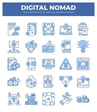 Digital Nomad Icons. Ultimate Guide to Remote Work and Travel Stock Illustration