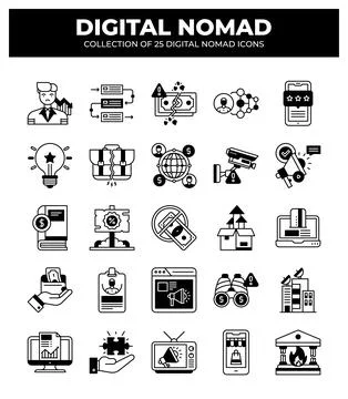 Digital Nomad Icons. Ultimate Guide to Remote Work and Online Business Stock Illustration