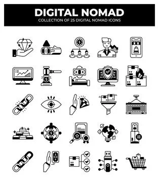 Digital Nomad Icons. Ultimate Guide to Remote Work and Online Business Stockillustratie
