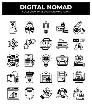 Digital Nomad Icons. Ultimate Guide to Remote Work and Online Business Stockillustratie