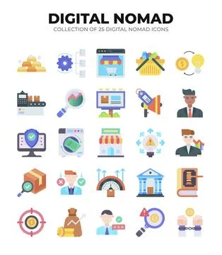 Digital Nomad Icons. Ultimate Guide to Remote Work. Freelancing. and Online.. Stock Illustration