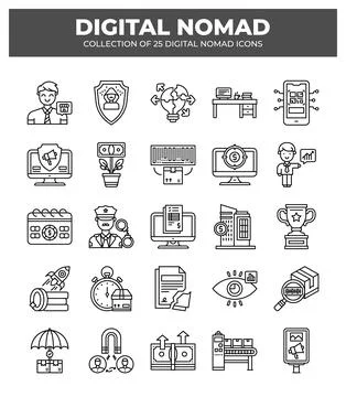 Digital Nomad Icons. Ultimate Guide to Remote Work and Online Business Stock Illustration