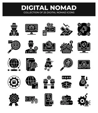 Digital Nomad Icons. Ultimate Guide to Remote Work and Online Business Stockillustratie