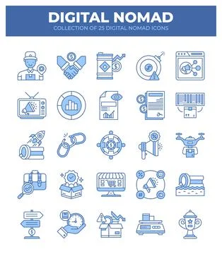Digital Nomad Icons. Ultimate Guide to Remote Work and Online Business Stock Illustration