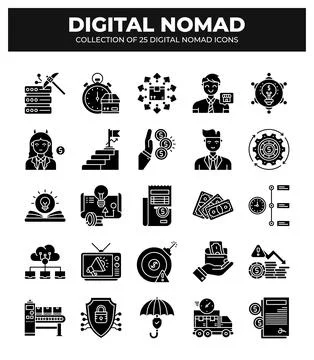 Digital Nomad Icons. Ultimate Guide to Remote Work and Online Business Stockillustratie