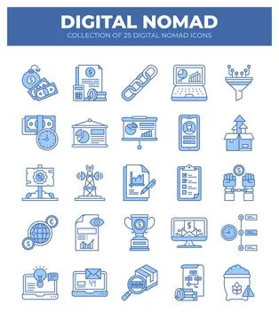 Digital Nomad Icons. Ultimate Guide to Remote Work and Online Business Stockillustratie