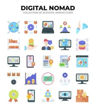 Digital Nomad Icons. Ultimate Guide to Remote Work and Online Business Stockillustratie