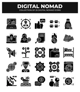 Digital Nomad Icons. Ultimate Guide to Remote Work and Online Business Stock Illustration