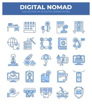Digital Nomad Icons. Ultimate Guide to Remote Work and Travel Stock Illustration