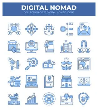 Digital Nomad Icons. Ultimate Guide to Remote Work and Online Business Stockillustratie