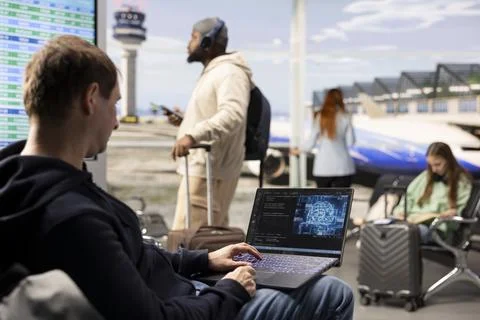 Digital nomad man coding with AI system in airport terminal 스톡 사진