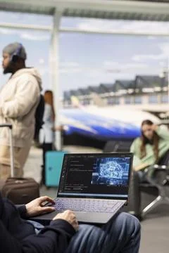 Digital nomad man coding with AI system in airport terminal 스톡 사진