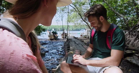 Digital nomad man working on laptop computer, online business success, blogging Stock Footage 201095246