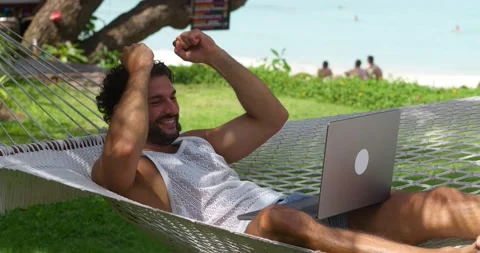 Digital nomad, remote worker, independent location entrepreneur. Successful man Stock Footage 221496373