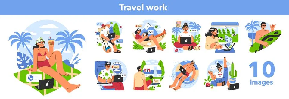 Digital nomad set. Freelancer working remotely on the laptop globaly 库存插图