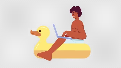 Digital nomad on swimming pool duck inflatable ring cartoon animation Stock Footage 301701688