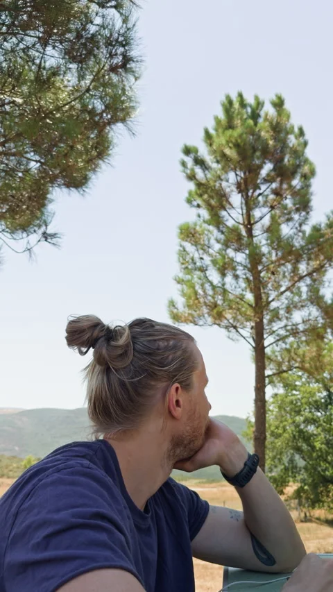 Digital Nomad Taking Break to Admire Mountain View Stock Footage 344813973
