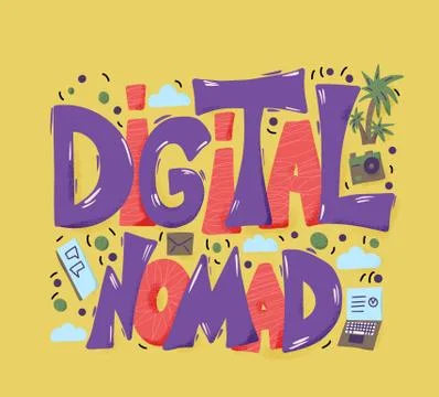 Digital nomad text emblem with decor. Feelance. Vector illustration. Stock Illustration