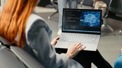 Digital nomad woman coding with AI system in airport terminal Stock Photos