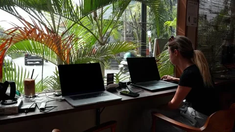 Digital nomad woman working on her laptop in an internet cafe in Bali Stock Footage 303396459