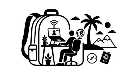 Digital nomad working on laptop inside a travel backpack icon Stock Illustration