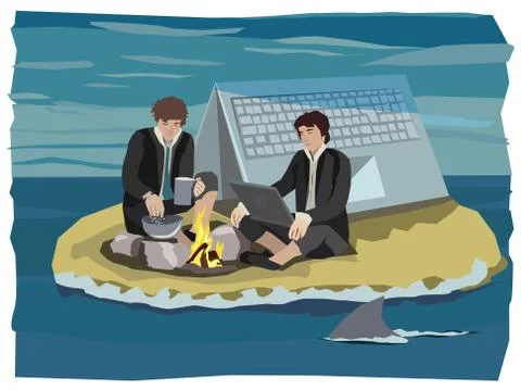 Digital nomads beached on a small island computing and relaxing on a campfire Stock Illustration