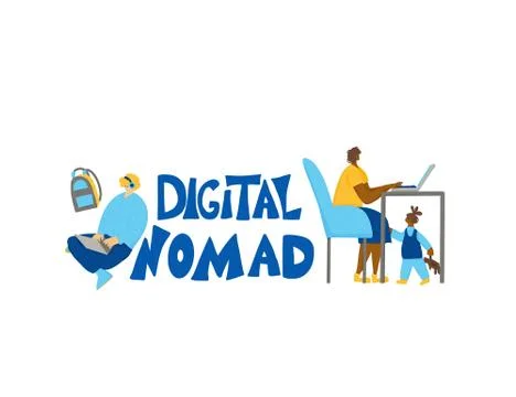 Digital nomads emblem. Smiling persons sitting at laptop and working. Young f Stock Illustration