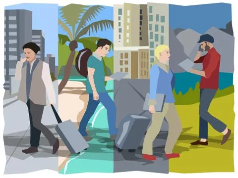 Digital nomads moving with ease through different cultures doing their jobs Stock Illustration
