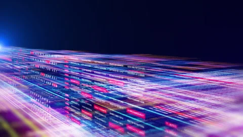 Digital number data sampling platform flying through 4K motion Stock Footage 256025157