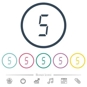 Digital number five of seven segment type flat color icons in round outlines Stock Illustration