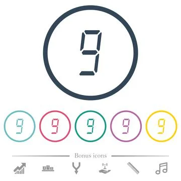 Digital number nine of seven segment type flat color icons in round outlines Stock Illustration