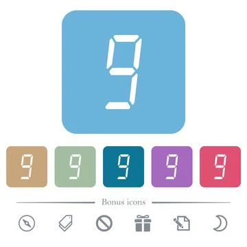 Digital number nine of seven segment type flat icons on color rounded square Stock Illustration