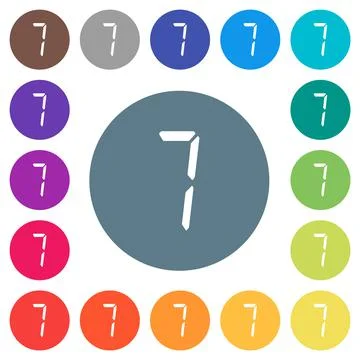 Digital number seven of seven segment type flat white icons on round color ba Stock Illustration