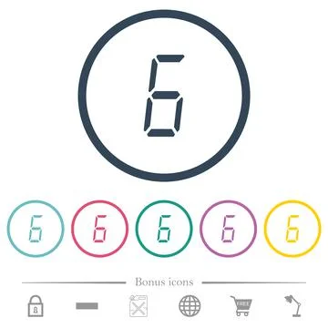 Digital number six of seven segment type flat color icons in round outlines Stock Illustration
