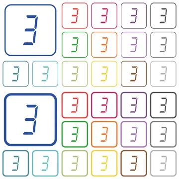 Digital number three of seven segment type outlined flat color icons Stock Illustration